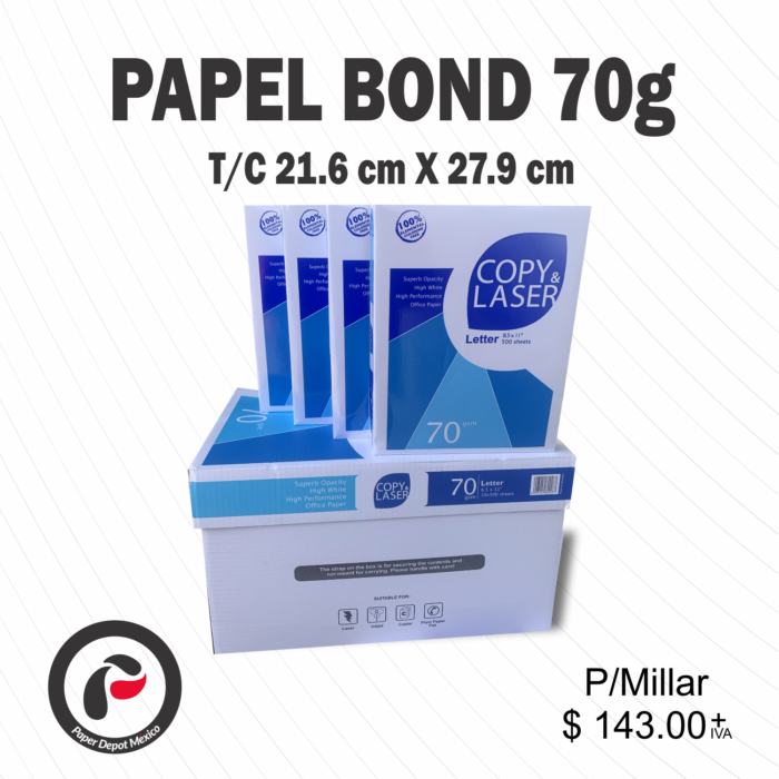 Papel bond Copy&Laser T/Carta 70 gr, 95% de Blancura C/5000 hojas